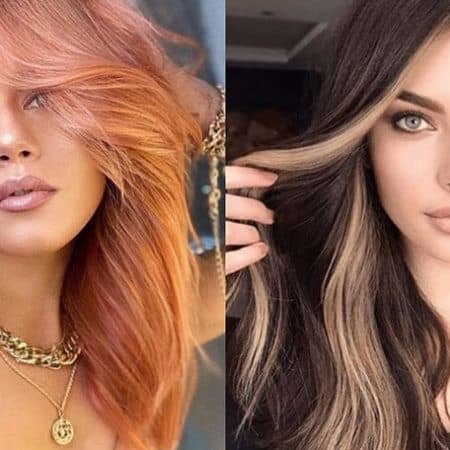 Kolaż dwóch zdjęć przedstawiający modne fryzury na wiosnę i lato 2022. Z lewej strony włosy w odcieniu przygaszonej rudości delikatnie pofalowane z długą grzywką rozłożoną na boki. Z prawej strony długie włosy w ciemnym kolorze z wyraźnymi blond pasemkami.