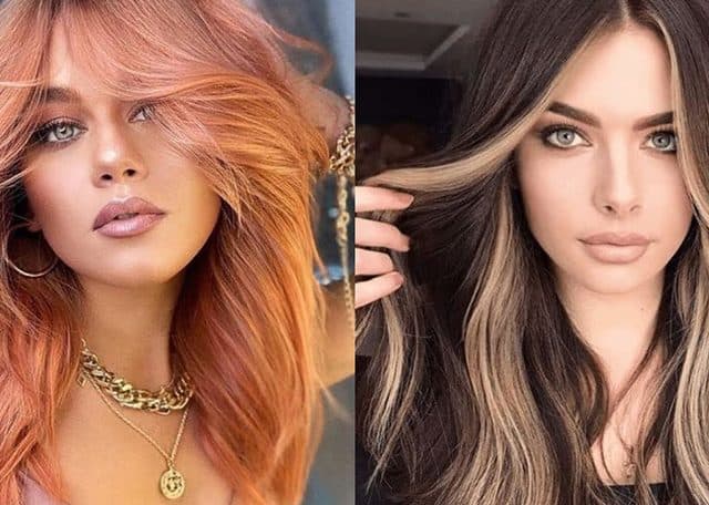 Kolaż dwóch zdjęć przedstawiający modne fryzury na wiosnę i lato 2022. Z lewej strony włosy w odcieniu przygaszonej rudości delikatnie pofalowane z długą grzywką rozłożoną na boki. Z prawej strony długie włosy w ciemnym kolorze z wyraźnymi blond pasemkami.
