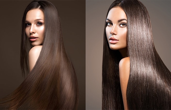 Kolaż dwóch zdjęć przedstawiający zregenerowane włosy po zabiegu botox na włosy. Z lewej strony długie włosy naturalnej brunetki. Z prawej strony długie włosy w kolorze bardzo ciemnego brązu. 