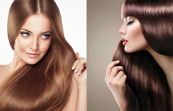 Kolaż dwóch zdjęć przedstawiający włosy po zabiegu botox na włosy. Z lewej strony włosy w kolorze ciemnego blondu bez grzywki. Z prawej strony włosy w kolorze ciemnego brązu z grzywką. 