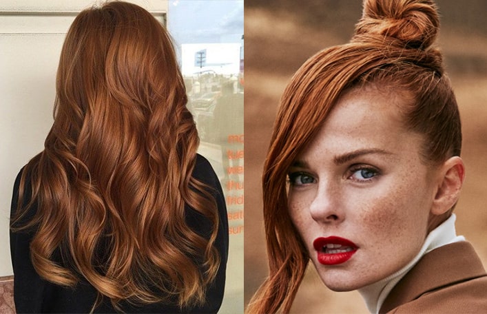 Kolaż dwóch zdjęć. Na zdjęciu z lewej strony znajduje się postać kobiety ustawionej tyłem z długimi, falowanymi włosami w kolorze karmelowej rudości. Na zdjęciu z prawej strony znajduje się kobieta ustawiona półprofilem z włosami spiętymi w wysokiego koka, włosy mają rudy kolor. Ujęcia portretowe. 