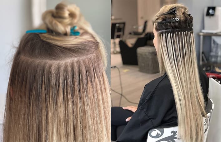 Kolaż dwóch zdjęć. Na obu zdjęciach widoczne są efekty pracy podczas przedłużania włosów metodą keratynową. 