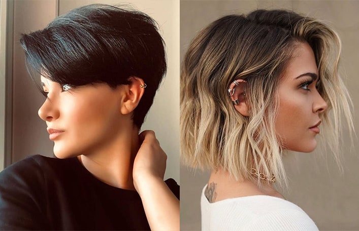Kolaż dwóch zdjęć. Na zdjęciu z lewej strony widzimy kobiecy profil z fryzurą w stylu pixie i ciemnymi włosami. Na zdjęciu z prawej strony widzimy kobiecy profil z bobem na blond włosach ufarbowanych w stylu sombre. 