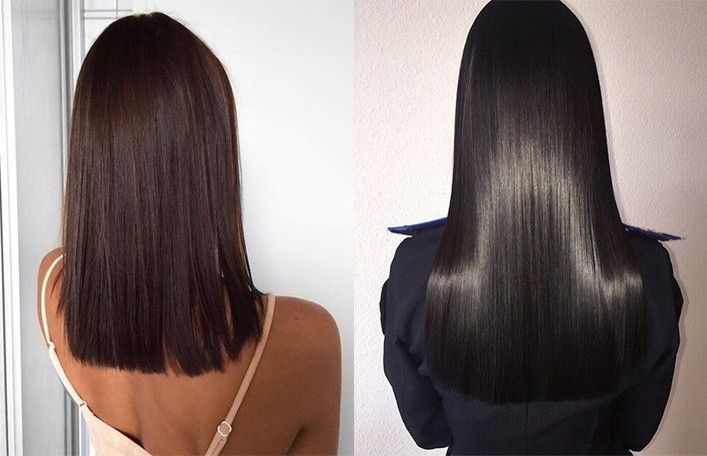 Kolaż dwóch zdjęć. Na obu zdjęciach widzimy tyły kobiecych głów z gładkimi i błyszczącymi włosami po zabiegu regeneracji włosów za pomocą botoksu na włosy. 
