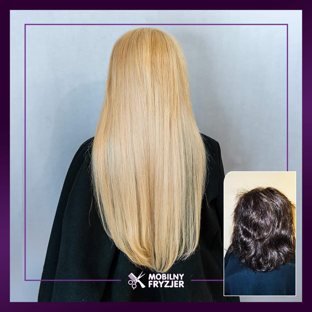 Na grafice widoczny jest efekt przed i po wykonanym zabiegu przedłużania włosów metoda keratynową oraz koloryzacji włosów. 