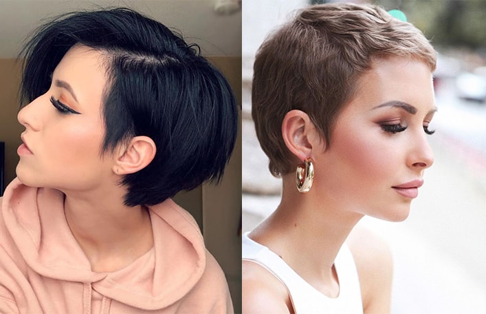 Zestawienie dwóch zdjęć. Po lewej stroni widzimy kobiecy profil z krótko ściętymi włosami w stylu pixie. Na zdjęciu z prawej strony widać kobietę z bardzo krótki włosami, ściętymi w stylu „na chłopaka”.