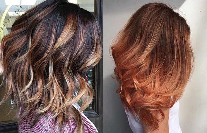 Kolaż dwóch zdjęć. Na obu zdjęciach widoczne są kobiece fryzury, w których wykorzystano koloryzację ombre w jesiennych odcieniach.