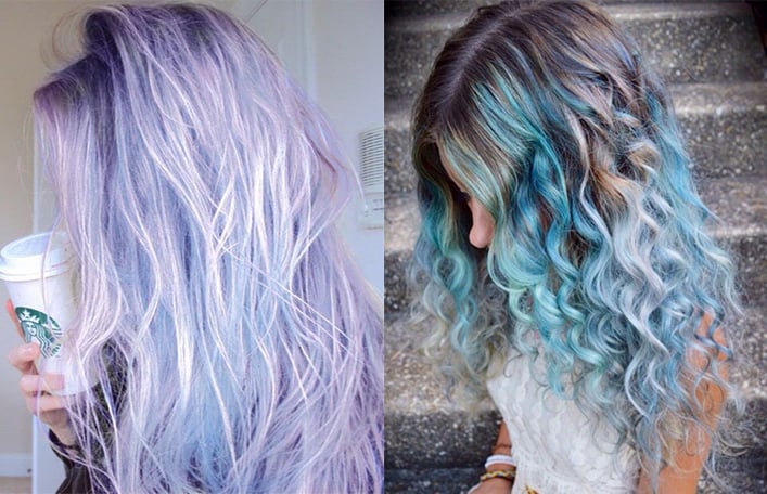Kolaż z dwóch zdjęć. Na zdjęciu z lewej widzimy kobiecy profil z długimi włosami ufarbowanymi na pastelowe odcienie fioletu. Z prawej strony widoczna jest kobieta z lokowanymi włosami w koloże pastelowo-niebieskim. 