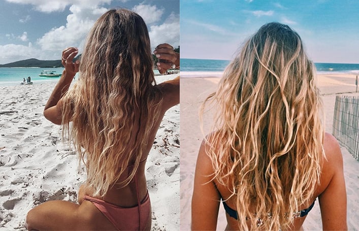 Kolaż dwóch zdjęć. Na zdjęciu z lewej strony widać kobietę siedzącą na plaży z długimi falowanymi włosami. Ujęcie tyłem. Na zdjęciu z prawej strony widoczna jest kobieta stojąca tyłem przed wejściem na plaży w ujęciu portretowym, kobieta ma bujne, długie włosy. 