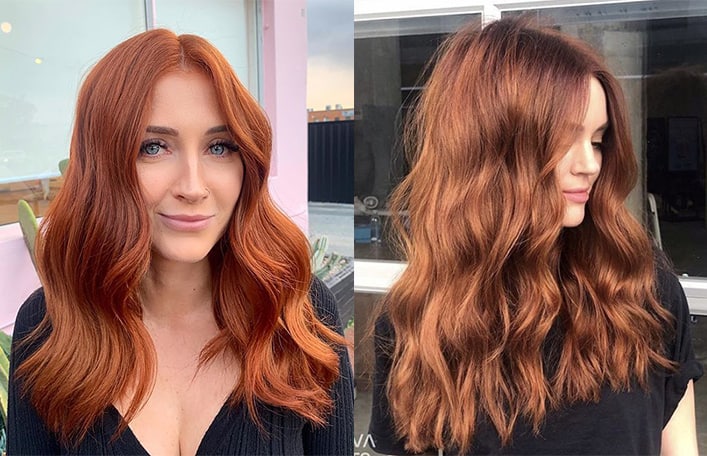 Zestawienie dwóch zdjęć. Oba zdjęcia prezentują kobiety o ciepłym odcieniu cery z dobranym do tej tonacji odpowiednim kolorem włosów. 