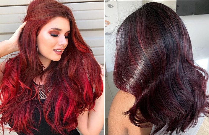 Zestawienie dwóch zdjęć. Na zdjęciu po prawej widać kobietę z długimi włosami zafarbowanymi na kolor klasycznej czerwieni. Po lewej widoczna jest natomiast koloryzacja z pasemkami w odcieniach oberżyny.