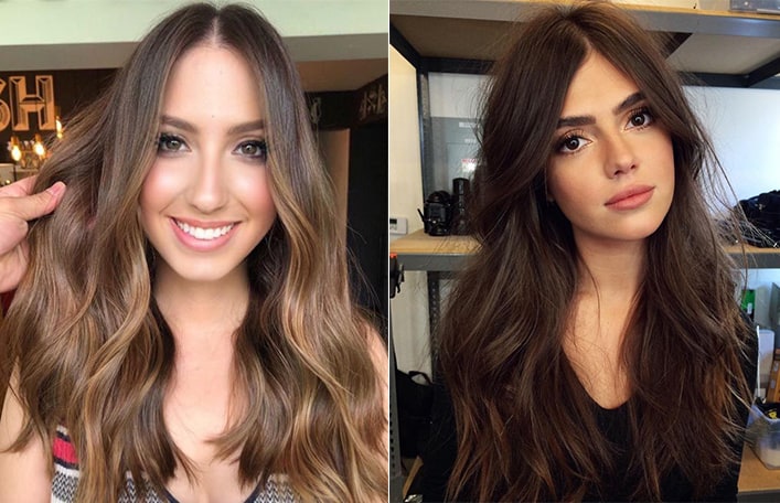 Kolaż dwóch zdjęć. Na obu zdjęciach widoczne są kobiety z długimi włosami o średnim odcieniu karnacji, które mają odpowiednio dobrany do odcienia skóry kolor włosów.