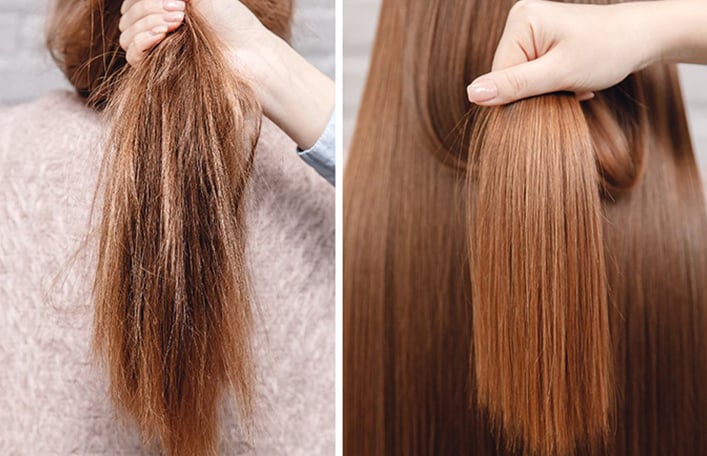 Kolaż 2 zdjęć. Na zdjęciu z lewej strony widać zniszoczne długie włosy, na zdjeciu z prawej strony widać natomiast włosy zdrowe oraz mocne. 