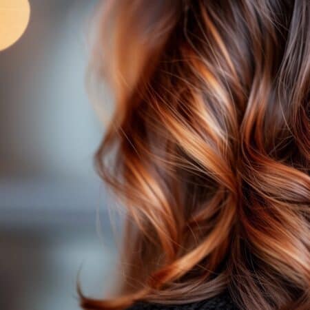 Na zdjęciu przedstawiona jest głowa kobiety z tyłu, która ma długie włosy brązowe z refleksami.