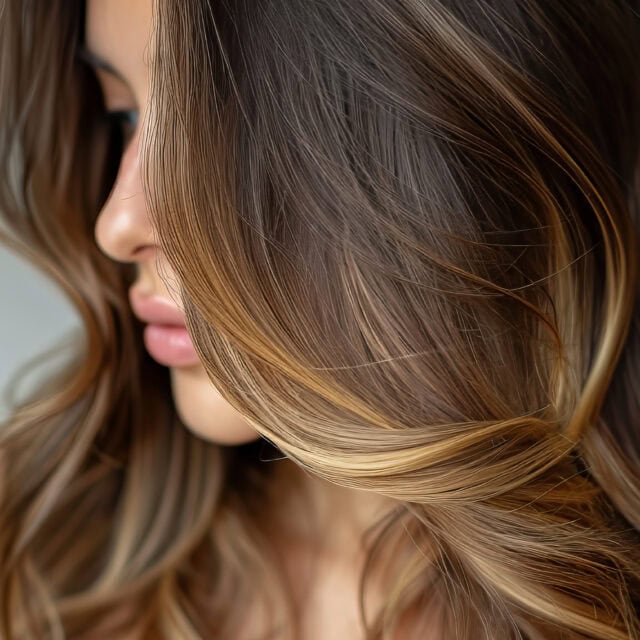 Na zdjęciu przedstawiona jest brunetka z włosami do ramion, która ma wykonane subtelne ombre.