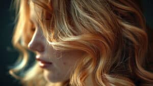 Na zdjęciu przedstawiona jest kobieta od boku, na której twarz spadają miodowe włosy z ombre. 