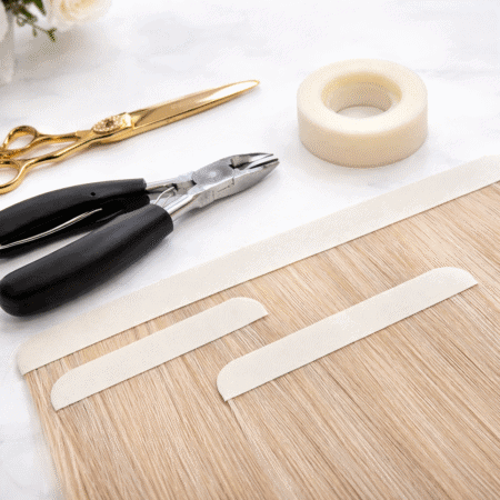 Zdjęcie przedstawia biotaśmy do przedłużania włosów wraz z narzędziami.