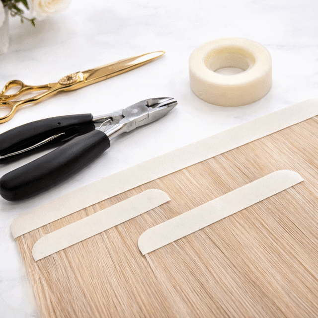 Zdjęcie przedstawia biotaśmy do przedłużania włosów wraz z narzędziami.