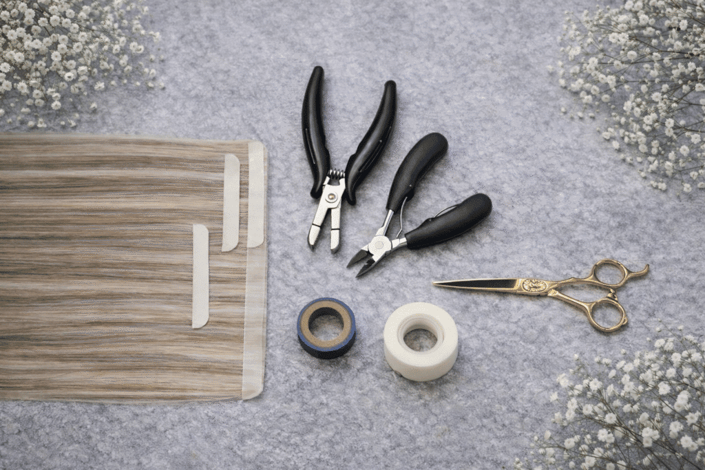 Na zdjęciu przedstawione są narzędzia do wykonywania przedłużania włosów na biotaśmy. 