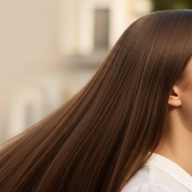 Na zdjęciu przedstawiona jest głowa kobiety z długimi, prostymi, brązowymi i zdrowymi włosami.