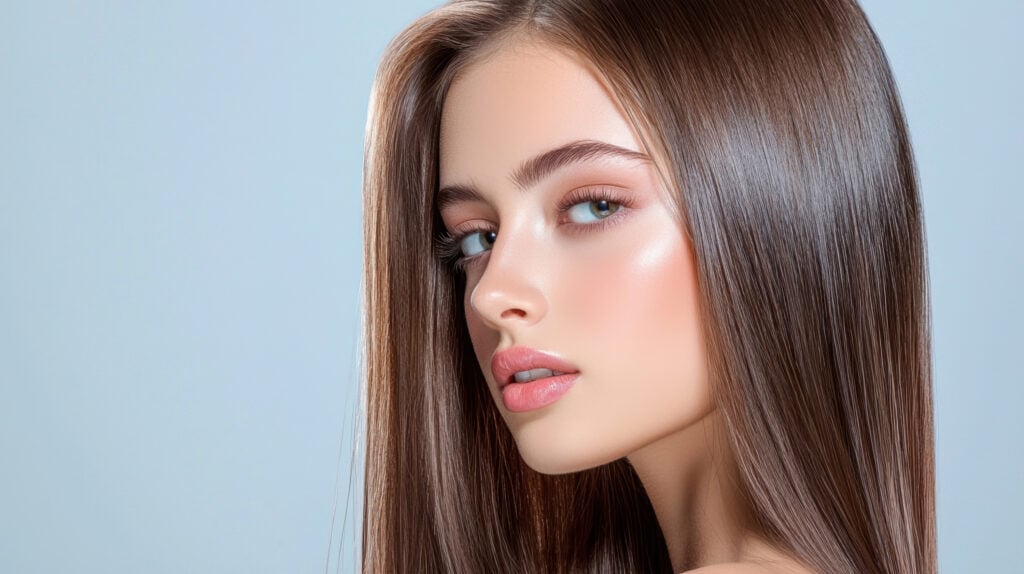 Na zdjęciu przedstawiona jest kobieta o promiennej cerze z błyszczącymi, zdrowymi włosami. 