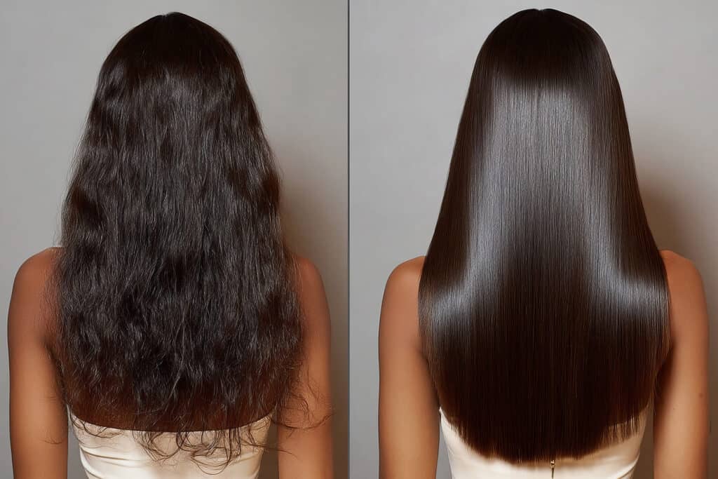 Na zdjęciu przedstawione są włosy brązowe, przed i po regeneracji.