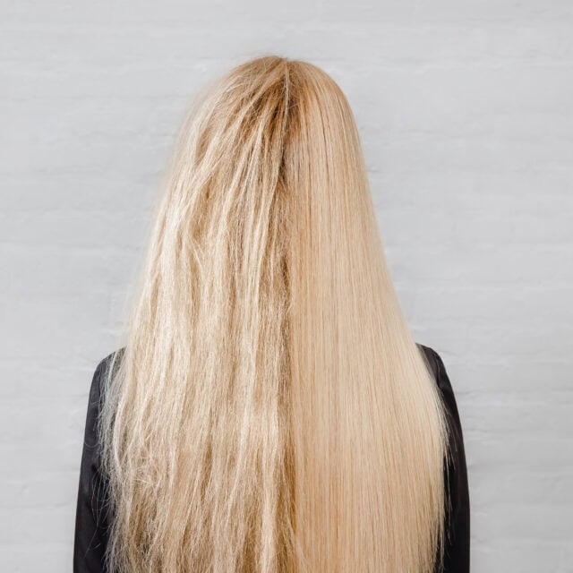 Na zdjęciu przedstawione są blond włosy przed i po regeneracji włosów b o t o k s e m.