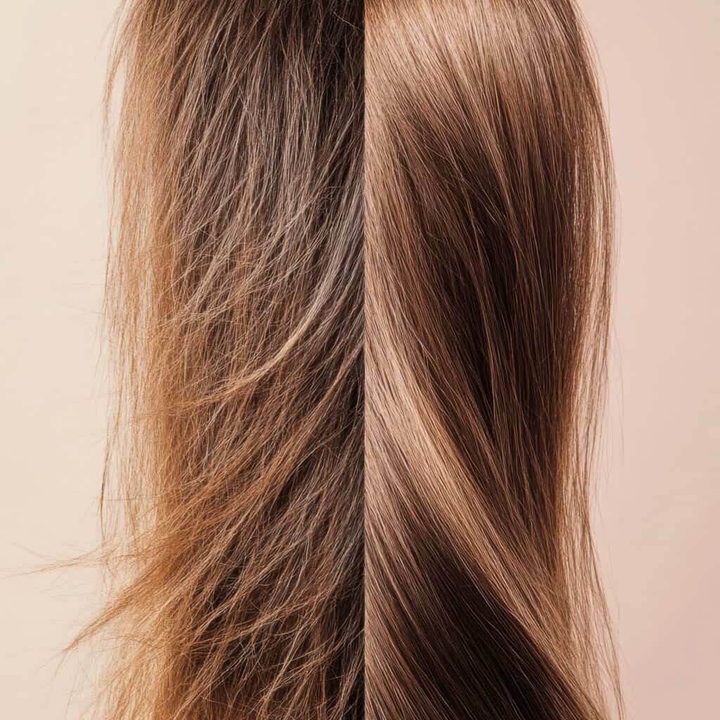 Na zdjęciu przedstawione sa włosy przed i po regeneracji. Włosy w kolorze miodowego blondu.