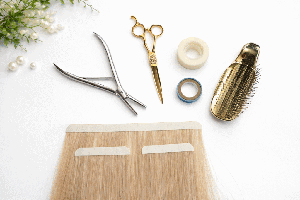 Na zdjęciu przedstawione sa narzędzia oraz biotaśmy do przedłużania włosów. 