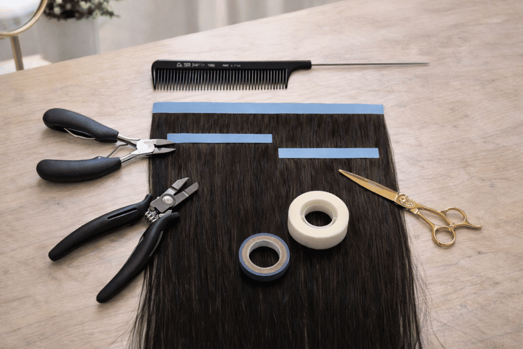 Na zdjęciu przedstawione są biotaśmy w kolorze brązowym służace do przedłużania włosów.