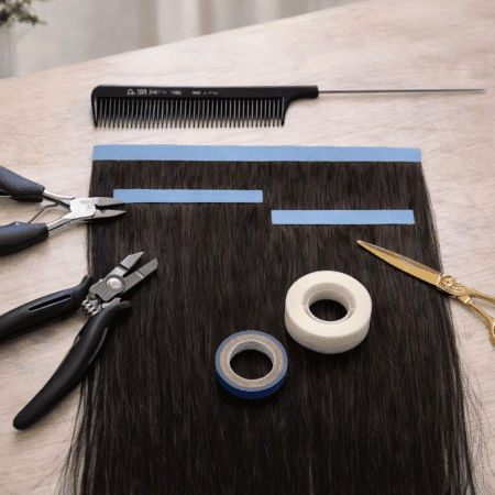 Na zdjęciu przedstawione są biotaśmy w kolorze brązowym służace do przedłużania włosów.