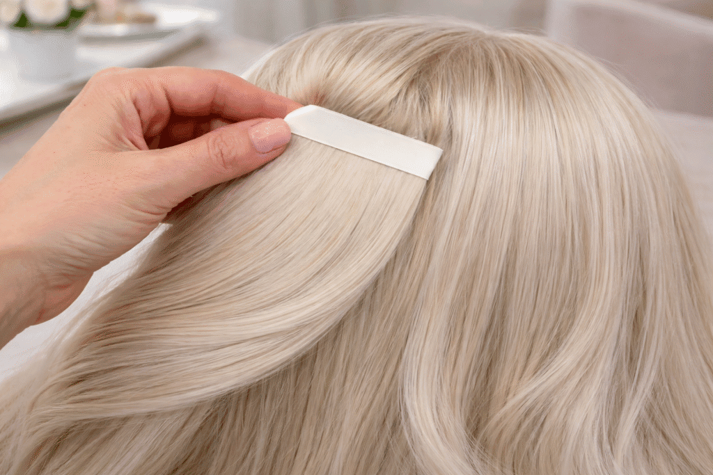 Na zdjęciu przedstawione są blond biotaśmy przykładane do naturalnych włosów. 