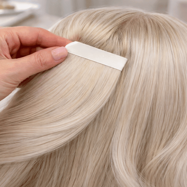 Na zdjęciu przedstawione są blond włosy na których wykonywane są biotaśmy, przedłużanie włosów.
