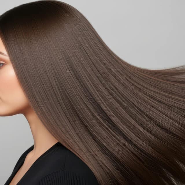 Na zdjęciu przedstawiona jest kobieta z rozwianymi, długimi i zdrowymi włosami, w kolorze ciemnego brązu.