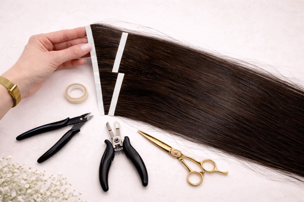 Na zdjęciu przedstawione są pasma włosów, przygotowane do przedłużania metodą na biotaśmy. 