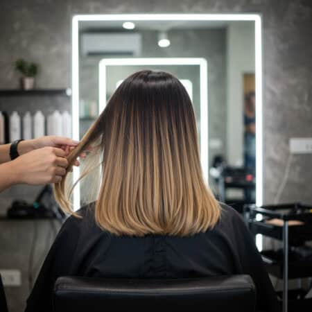 Na zdjęciu jest przedstawione zdjęcie kobiety w salonie, która ma na włosach ombre.