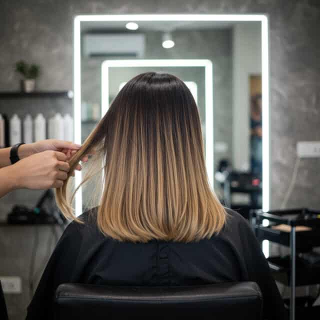 Na zdjęciu jest przedstawione zdjęcie kobiety w salonie, która ma na włosach ombre.