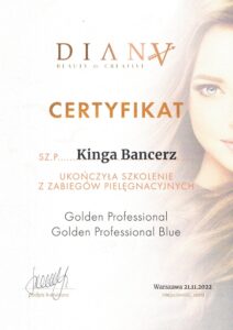 Certyfikat: Zabiegi pielęgnacyjne Golden Professional i Golden Professional Blue — Diana Beauty & Creative
