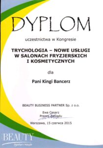Certyfikat: Kongres Trychologia, nowe usługi w salonach fryzjerskich — Beauty Business Partner